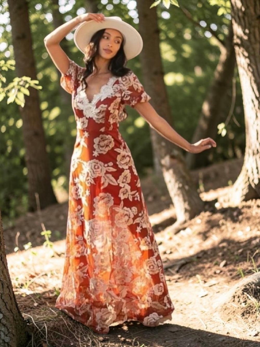 Joyfolie Maxi Dress with Cream Roses In Cinnamon - Picture 2 of 11